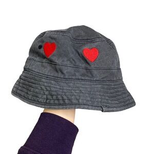Urban Outfitters Black Bucket Hat with Red Heart Embroidered Accents